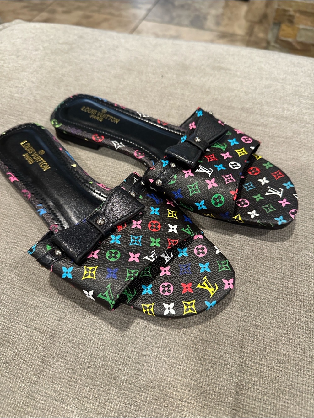 Black Multicolor Monogram Bow Slide Sandals size 39